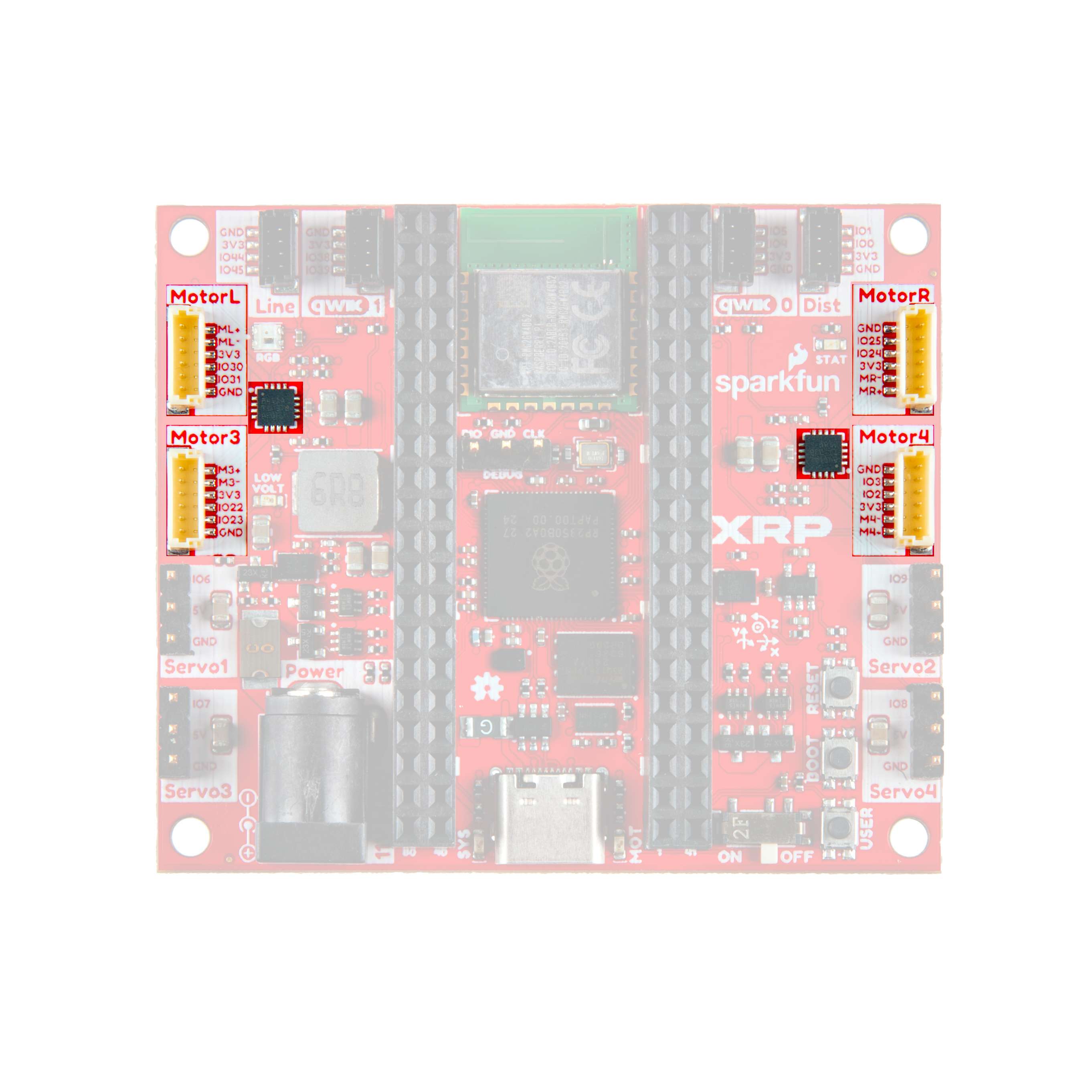 XRP board with the four motor ports highlighted