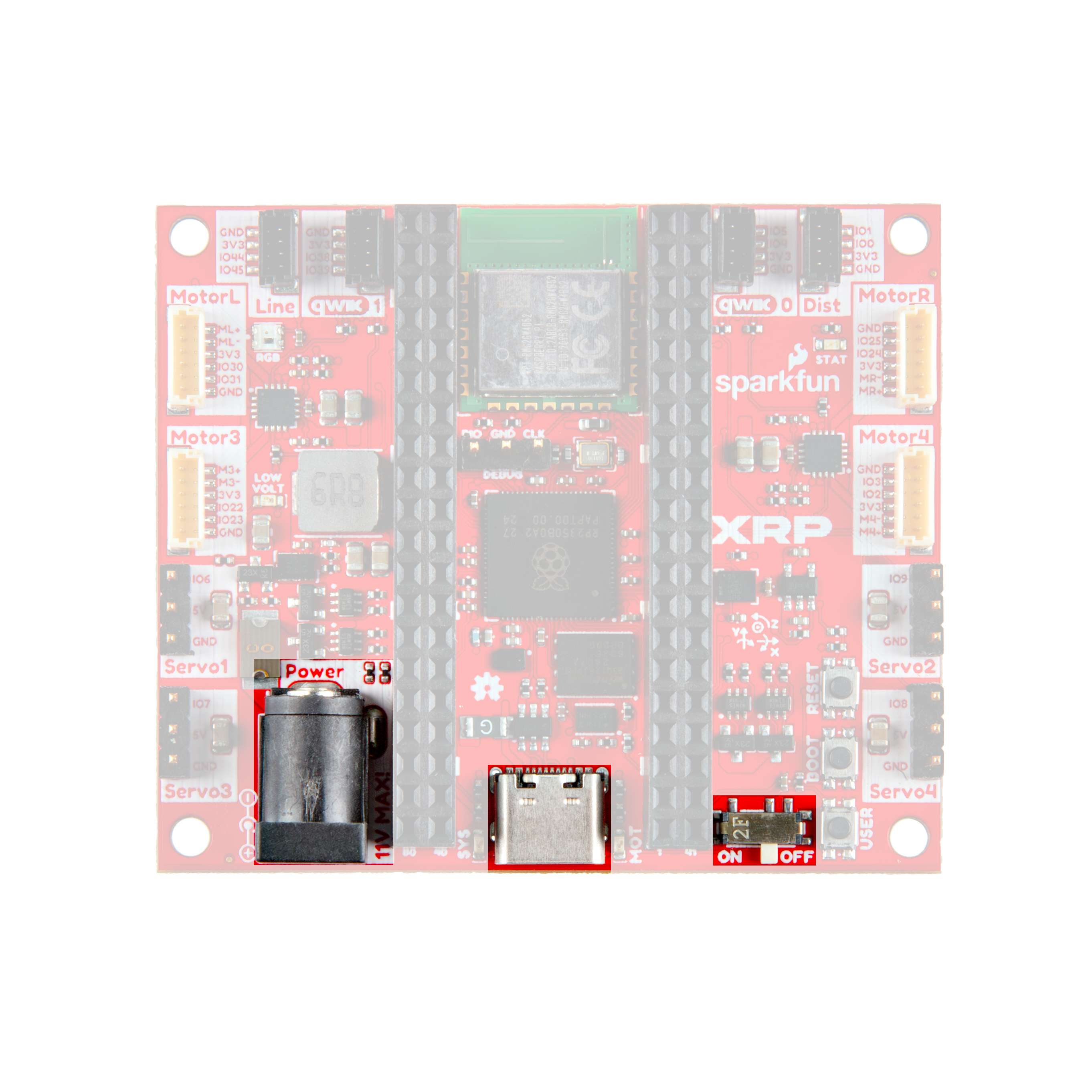 XRP board with barrel jack port and power switch highlighted
