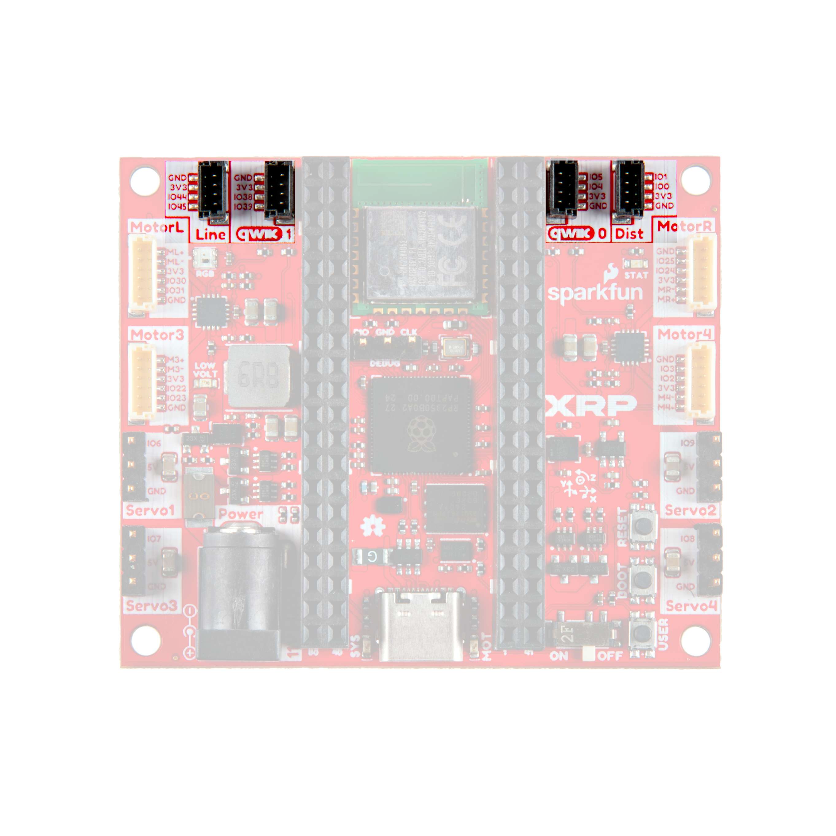 XRP board with the two qwiic ports highlighted