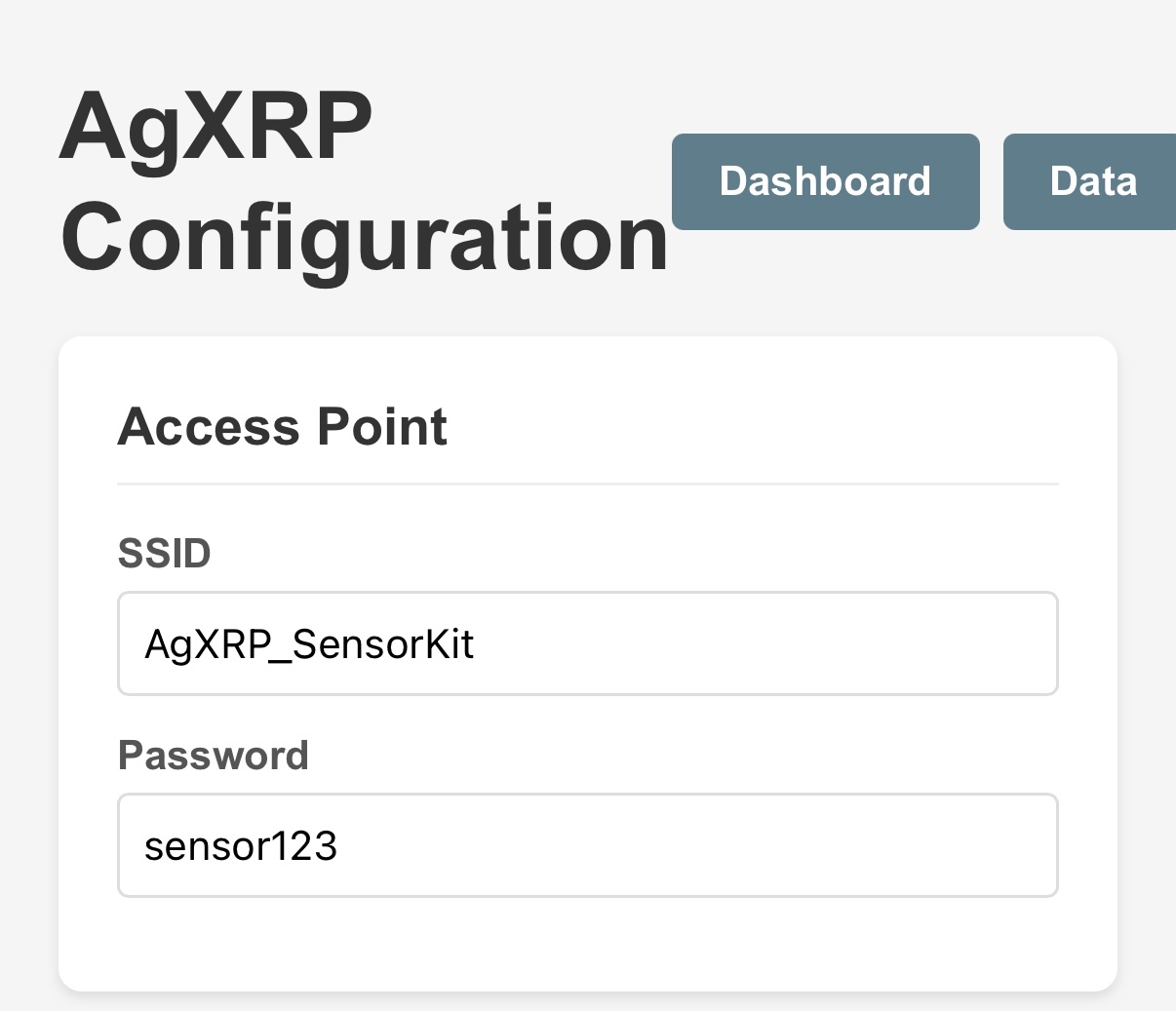 Access Point configuration section showing SSID and Password fields