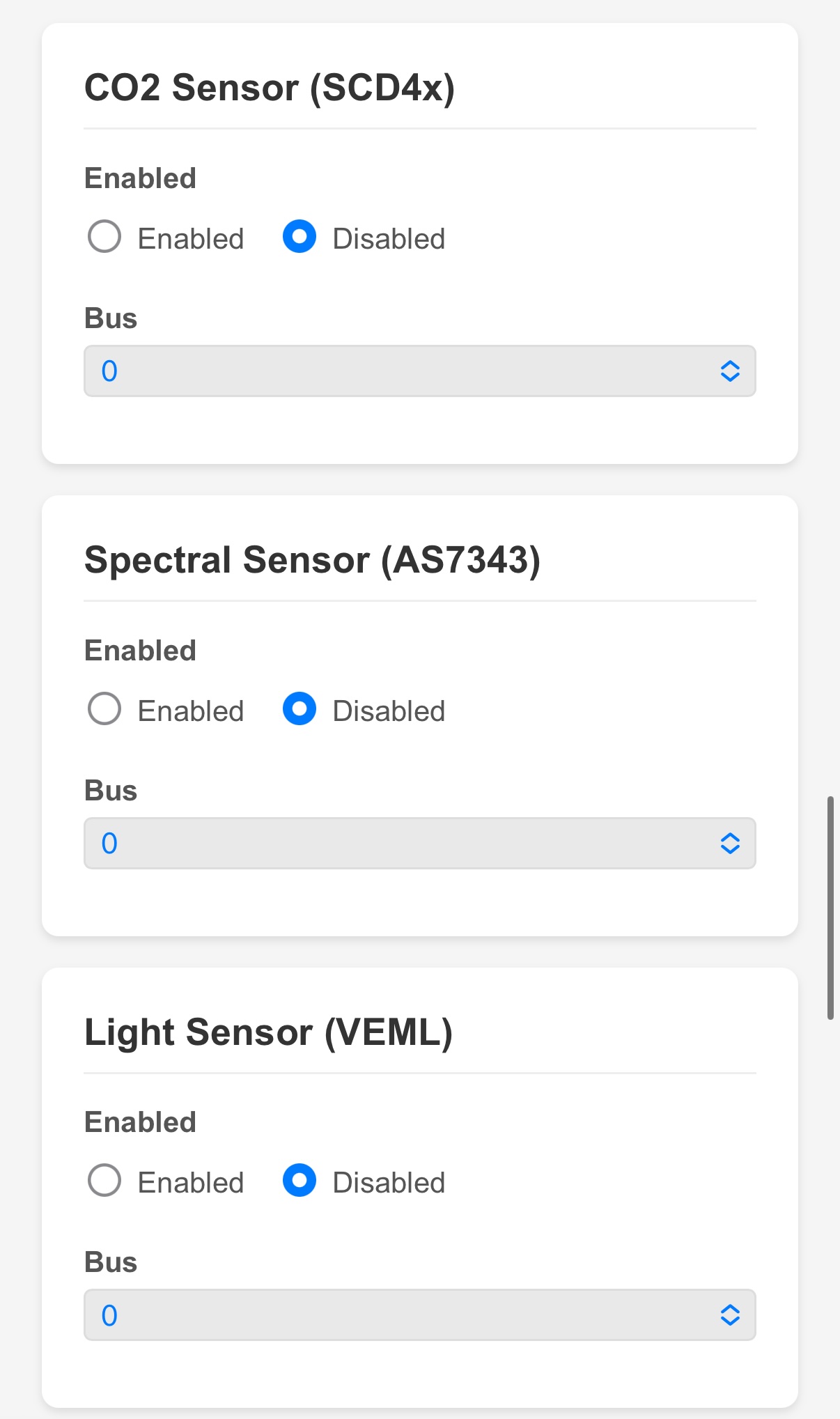 Additional sensor configuration sections showing CO2, Spectral, and Light options