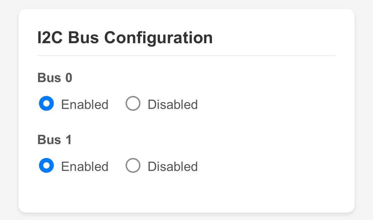 I2C Bus Configuration section showing Bus 0 and Bus 1 toggles