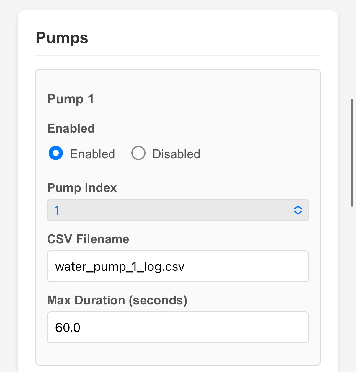 Pump configuration section showing Enabled, CSV Filename, and Max Duration fields