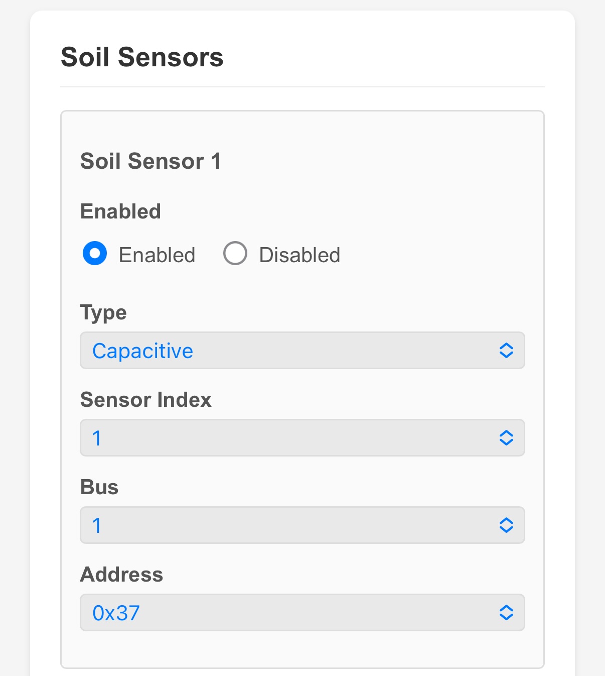 Soil sensor configuration section showing Enabled, Type, Sensor Index, Bus, and Address fields