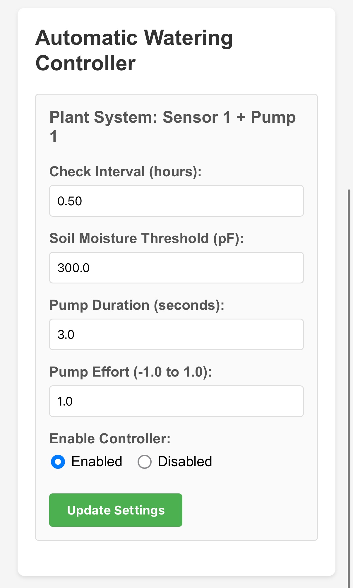 Automatic Watering Controller section on the Dashboard