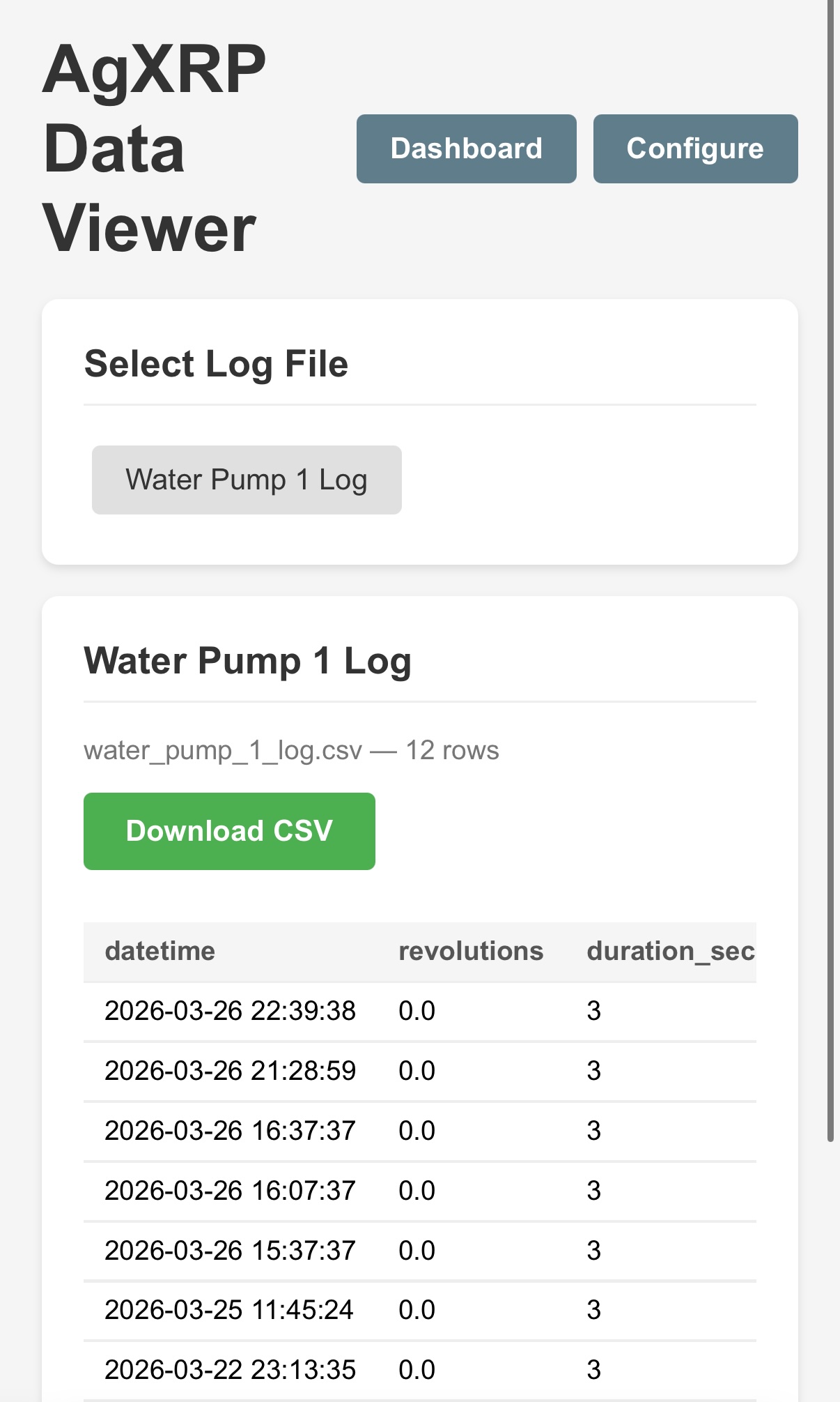 Data Viewer page showing a list of log files and a data table